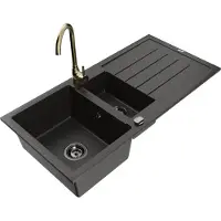 Mexen Andres granieten spoelbak 1,5-komer met afdruiprek en keukenkraan Telma, zwart/goud - 6515-75-670200-50-B