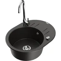 Mexen Kevin granieten spoelbak 1-comparteer met afdruiprek en keukenkraan Telma, zwart/gouden metallic - 6517-75-670200-00