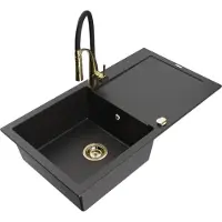 Mexen Leo granieten spoelbak 1-compartiment met afdruiprek en keukenkraan Aster, zwart/zilver metallic - 6501-73-73450-57-G