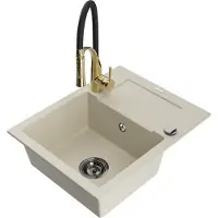 Mexen Enzo granieten gootsteen met 1 kuip en afdruiprek en keukenmengkraan Aster, beige - 6506-69-73450-57-B