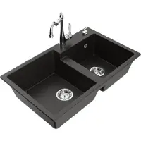 Mexen Tomas granieten gootsteen met 2 kamers en Carla keukenkraan, zwart/goud metallic - 6516-75-670700-00