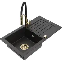 Mexen Pablo granieten gootsteen 1-komor met afdruiprek en keukenmengkraan Aster, zwart/zilver metallic - 6510-73-73450-57-G
