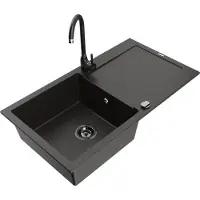Mexen Leo granieten spoelbak 1-komorige met afdruiprek en keukenkraan Telma, zwart/goud metallic - 6501-75-670200-70-B