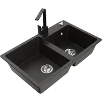 Mexen Tomas granieten gootsteen met 2 kamers en keukenkraan Rita, zwart/goud metallic - 6516-75-670300-70