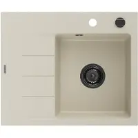 Mexen Ben granieten gootsteen 1-kompartment met druiprek, rechts 600 x 500 , beige, zwarte sifon - 6523605000-69-B