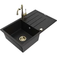 Mexen Bruno granieten spoelbak 1-kamer met afdruiprek en keukenkraan Carla, zwart - 6513-77-670700-50