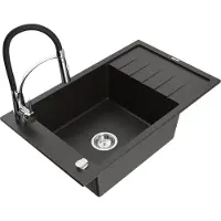 Mexen Elias granieten gootsteen enkelvoudig met afdruiprek en keukenmengkraan Aster, zwart/goud metallic - 6511-75-73450-70