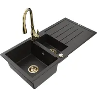 Mexen Andres granieten spoelbak 1,5-komer met afdruiprek en keukenkraan Savita, zwart/goud metallic- 6515-75-672601-50