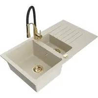 Mexen Matias granieten gootsteen 1,5-kamer met afdruiprek en keukenmengkraan Aster, beige - 6502-69-73450-57-G