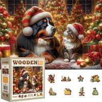 Wooden.City Houten kerstpuzzel van 500 stukjes met 50 unieke feestelijke beeldjes - Kersthond en kat - 15 5 x 10 5 inch Gemaakt in de EU