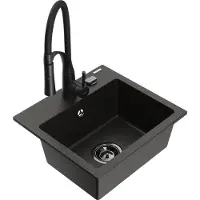 Mexen Milo granieten spoelbak 1-komerig met keukenkraan Aster, zwart/gouden metallic - 6505-75-73450-70-B