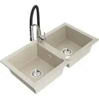 Mexen Mario granieten gootsteen 2-kamer met keukenkraan Aster, beige - 6504-69-73450-07
