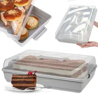 Kadax Taartdoos met deksel, 44 x 30 x 12,5 cm, kunststof taarthouder, transportdoos met handvat, bakvorm, voor blikcake, muffins, rechthoekig, voedseldoos (grijs)