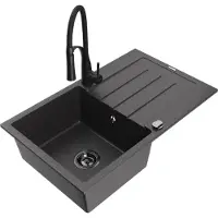 Mexen Bruno granieten gootsteen 1-komparts met afdruiprek en keukenkraan Aster, zwart gespikkeld - 6513-76-73450-70-B