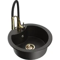 Mexen Diego granieten gootsteen met 1 bak en Aster keukenkraan, zwart/goud metallic - 6512-75-73450-57-G