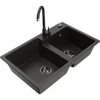Mexen Tomas granieten gootsteen met 2 koen en Telma keukenkraan, zwart/goud metallic - 6516-75-670200-70-B