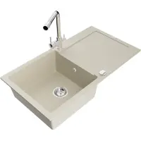Mexen Leo granieten gootsteen 1-komers met afdruiprek en keukenkraan Duero, beige- 6501-69-671600-00