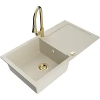 Mexen Leo granieten gootsteen 1-bak met afdruiprek en keukenmengkraan Elia, beige - 6501-69-670101-50