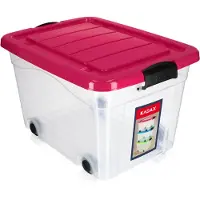 Hobby Hall Kunststof container met wieltjes, 40 liter, roze opbergdoos van kunststof, organizer met deksel, clipbox voor speelgoed, opbergcontainer met kliksluiting