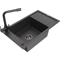 Mexen Elias granieten spoelbak 1-kompartment met druiprek en keukenkraan Duero, zwart gespikkeld - 6511-76-671600-70-B