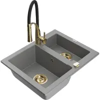 Mexen Carlos granieten spoelbak 1,5-kamer met keukenmengkraan Aster, grijs - 6518-71-73450-57-G