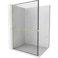 Mexen Kioto+ L douchescherm met plank Walk-in 100 x 200 , zwart frame, geborsteld goud - 800-100-123-55-70
