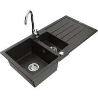 Mexen Andres granieten spoelbak 1,5-kuip met afdruiprek en Telma keukenkraan, zwart/goud - 6515-75-670200-00