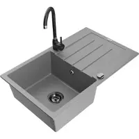 Mexen Bruno 1-komorige granieten spoelbak met afdruiprek en keukenkraan Telma, grijs - 6513-71-670200-70-B