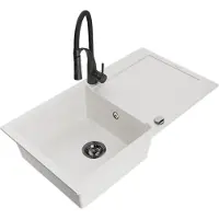 Mexen Leo granieten spoelbak 1-koer met afdruiprek en keukenmengkraan Aster, wit - 6501-20-73450-70-B