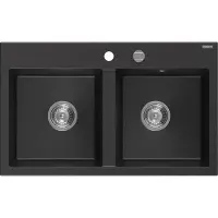 Mexen Hektor 2-komorige granieten gootsteen 800 x 480 , zwart/zilver metallic, chromen sifon - 6521802000-73