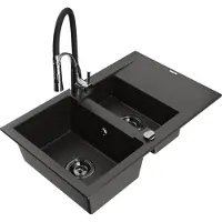 Mexen Gaspar granieten gootsteen 1,5-kamer met afdruiprek en keukenmengkraan Aster, zwart/goud metallic - 6507-75-73450-07-B