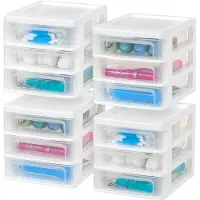 Iris USA Plastic stapelbaar bureau met 3 laden, opbergorganizer, 4-pack voor make-up, wastafel, nagellak, badkamer, kantoorbenodigdheden, kunstnijverh