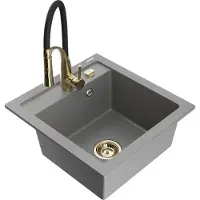 Mexen Vito granieten spoelbak met 1 bak en Aster keukenkraan, grijs - 6503-71-73450-57-G