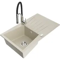 Mexen Cesar granieten spoelbak met 1 bak en afdruiprek en keukenmengkraan Aster, beige - 6514-69-73450-07