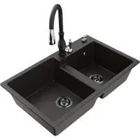 Mexen Tomas granieten gootsteen met 2 koen en keukenkraan Savita, zwart/goud metallic - 6516-75-672601-70-B