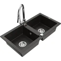 Mexen Mario granieten gootsteen met 2 bakken en Elia keukenkraan, zwart/goud metallic - 6504-75-670101-00
