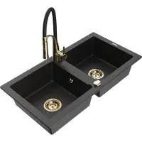 Mexen Mario granieten gootsteen met 2 kamers en Aster keukenkraan, zwart/zilveren metallic - 6504-73-73450-57-G