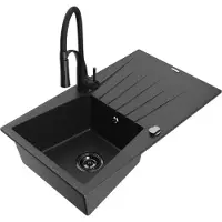 Mexen Cesar 1-koer granieten spoelbak met afdruiprek en Aster keukenkraan, zwart/zilver metallic - 6514-73-73450-70-B