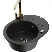 Mexen Kevin granieten gootsteen 1-komorige met druiprek en keukenmengkraan Rita, zwart/goud metallic - 6517-75-670300-50-B