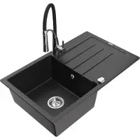 Mexen Bruno granieten gootsteen 1-komorige met afdruiprek en keukenmengkraan Aster, zwart/zilver metallic - 6513-73-73450-07
