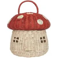 Typecat Opbergmand Handgemaakte rotan opbergmand in de vorm van een paddenstoel - Schattig handgemaakt, handgemaakt, decoratief kunstwerk van rotan, rood