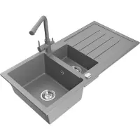 Mexen Andres granieten spoelbak 1,5-kamer met afdruiprek en keukenmengkraan Duero, grijs - 6515-71-671600-71