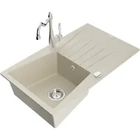 Mexen Cesar granieten spoelbak met één kom, met afdruiprek en keukenkraan Carla, beige - 6514-69-670700-00