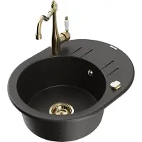 Mexen Kevin granieten gootsteen 1-kompartement met afdruiprek en keukenmengkraan Carla, zwart/goud metallic - 6517-75-670700-50