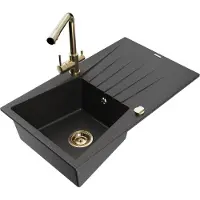 Mexen Cesar granieten gootsteen 1-komor met afdruiprek en keukenmengkraan Duero, zwart/zilver metallic - 6514-73-671600-50