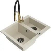 Mexen Carlos granieten spoelbak 1,5-compartiment met keukenmengkraan Aster, beige - 6518-69-73450-57-B