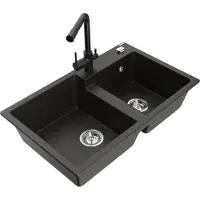 Mexen Tomas granieten gootsteen 2-kamer met keukenmengkraan Duero, zwart/gouden metallic - 6516-75-671600-70