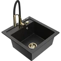 Mexen Vito granieten spoelbak met 1 bak en Aster keukenkraan, zwart/zilver metallic- 6503-73-73450-57-G