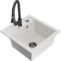 Mexen Vito granieten gootsteen met 1 kom en Elia keukenkraan, wit - 6503-20-670101-70