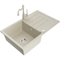 Mexen Bruno granieten spoelbak 1-kom met afdruiprek en keukenmengkraan Carla, beige - 6513-69-670700-69